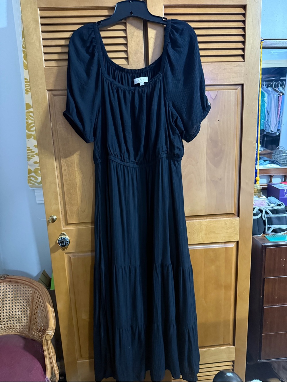 LOFT Black Tiered Maxi Dress with Puff Sleeves